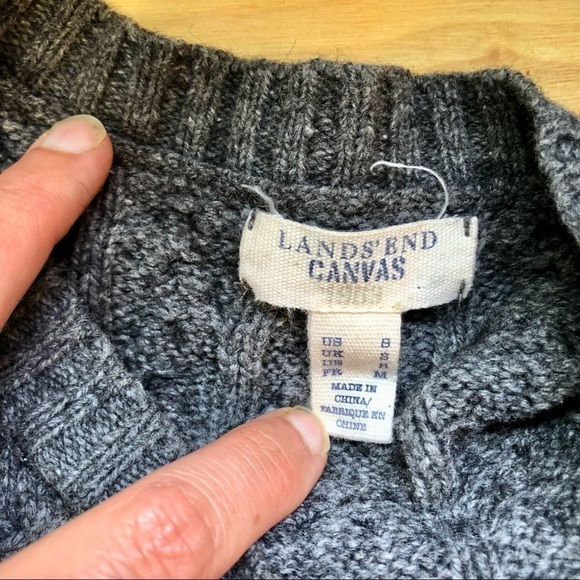 Lands’ End Canvas grey cable knit crewneck sweater cotton wool blend S - Picture 6 of 8